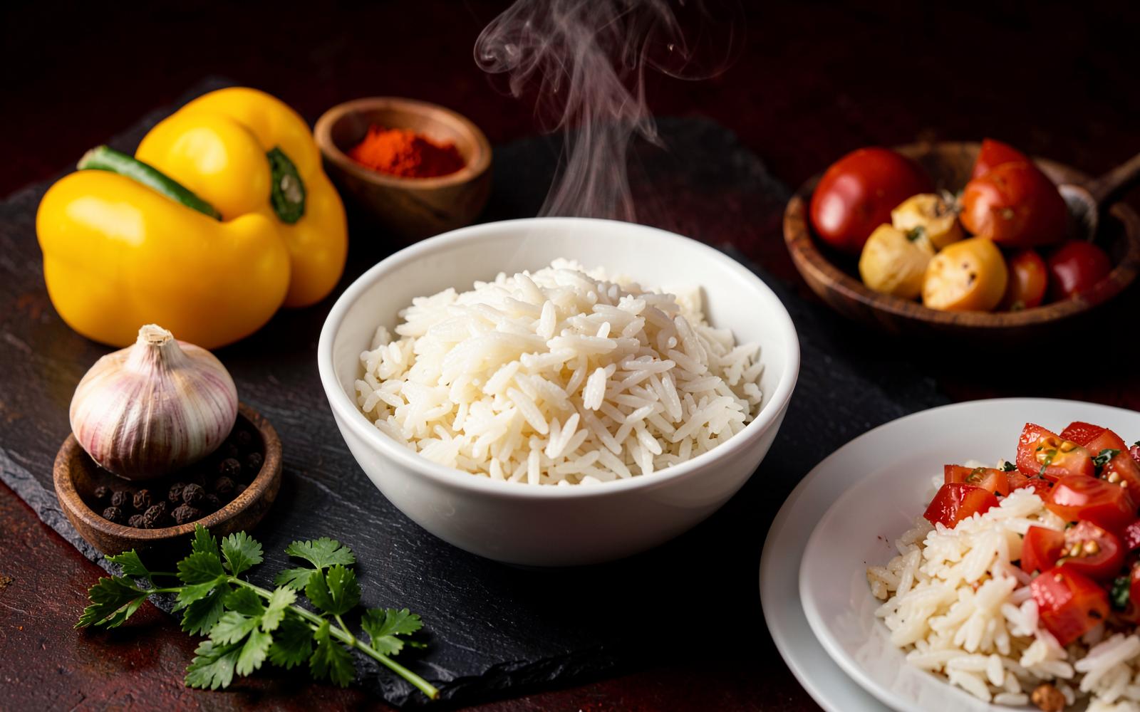 Tigela de arroz branco soltinho com pimentões, alho e temperos